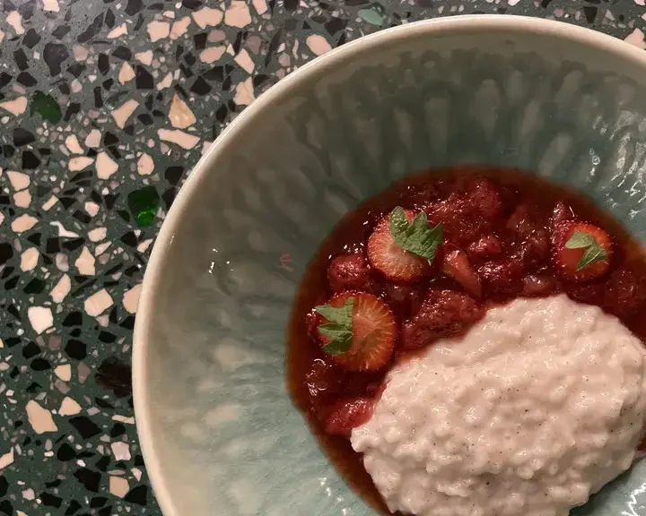 Carolina Gold Rice Pudding with Strawberry–Anise Hyssop Jam