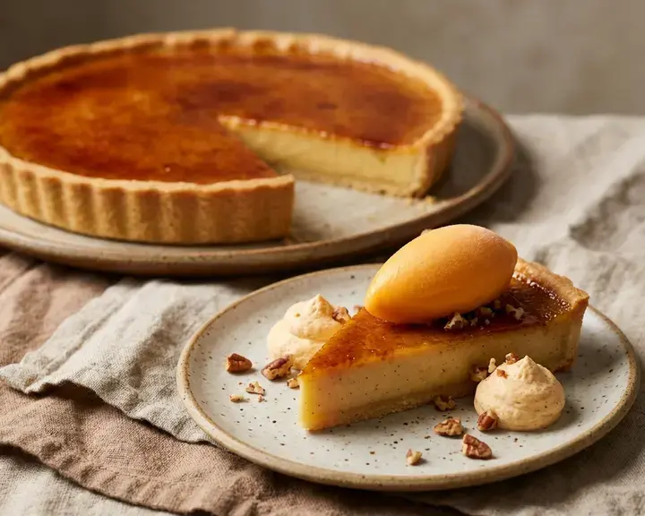 Pecan Crème Brûlée Tart with Tangerine Sorbet