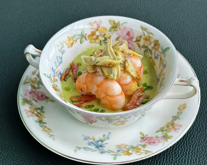 Prawns with Pea Cream, Crispy Pancetta, and Oven-Crisped Artichoke