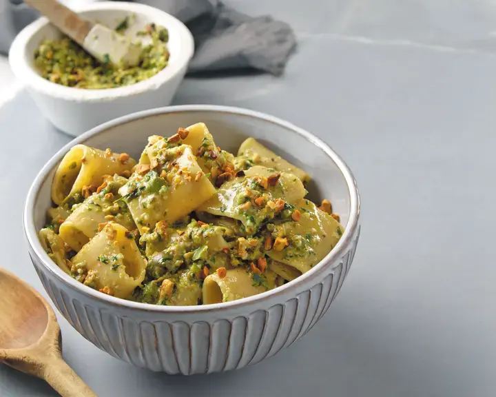 Paccheri Pasta with Green Olive Pistachio Pesto