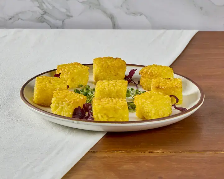 Mini Saffron Risotto ‘al Salto’ with Fondue and Sprouts