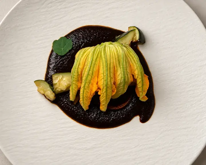 Guajillo Short Rib with Black Mole and Squash Blossom